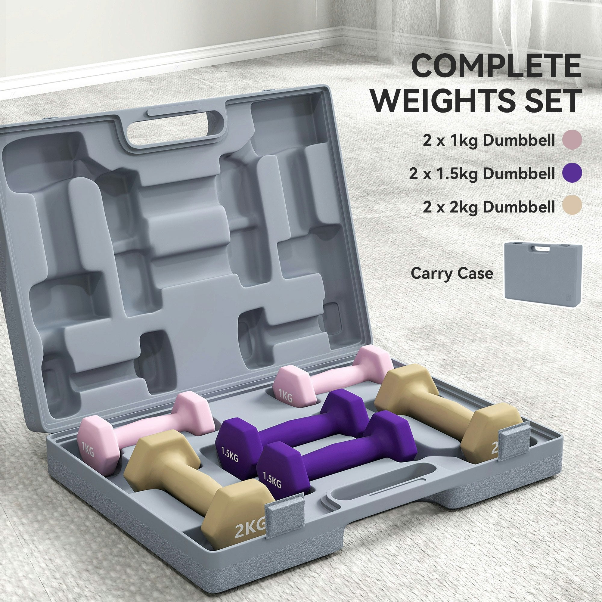 9KG Hex Dumbbell Set with Carry Case – 6 Weights