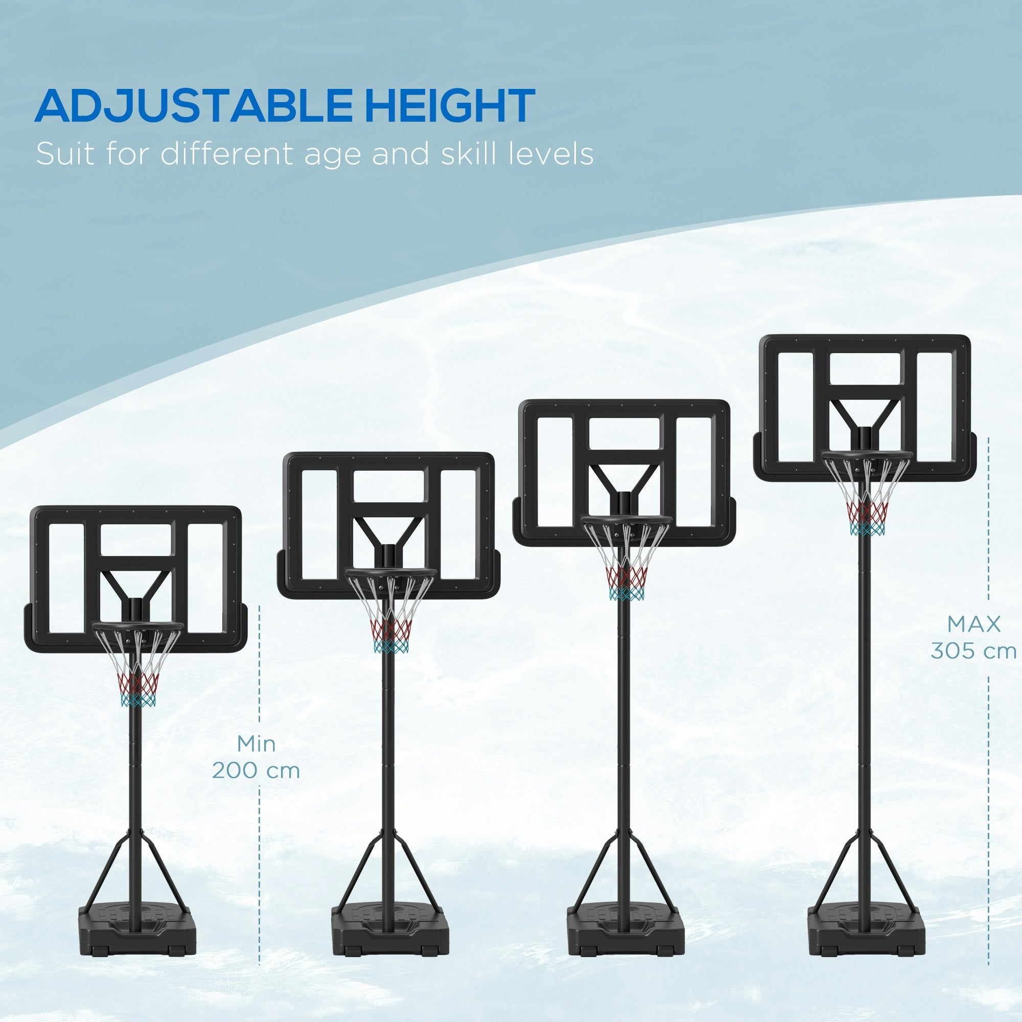Adjustable Basketball Hoop Set with Backboard & Wheels – 200–305cm